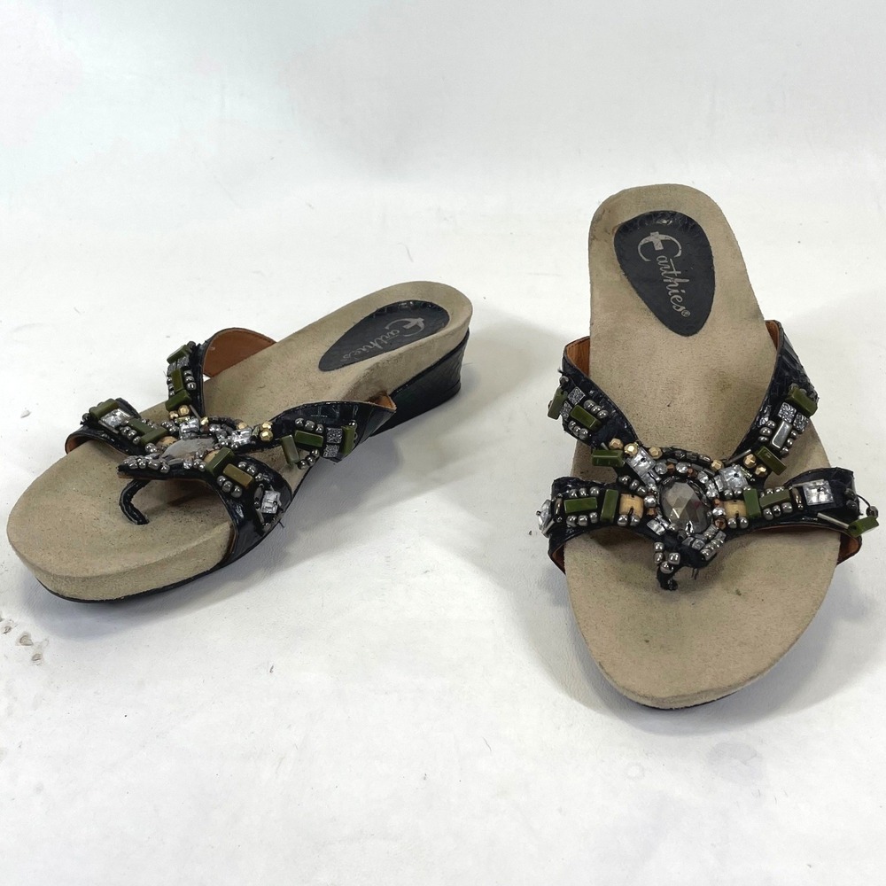 Earthies Black Leather Beaded Thong Sandals Low Wedge Comfort Slides Womens 8.5